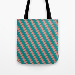[ Thumbnail: Dark Cyan & Salmon Colored Stripes Pattern Tote Bag ]