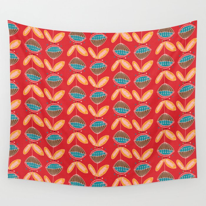 Mid Century Red Floral Pattern Wall Tapestry