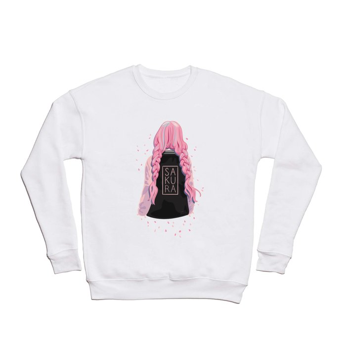 Sakura Girl Pink Petals & Black Background Crewneck Sweatshirt