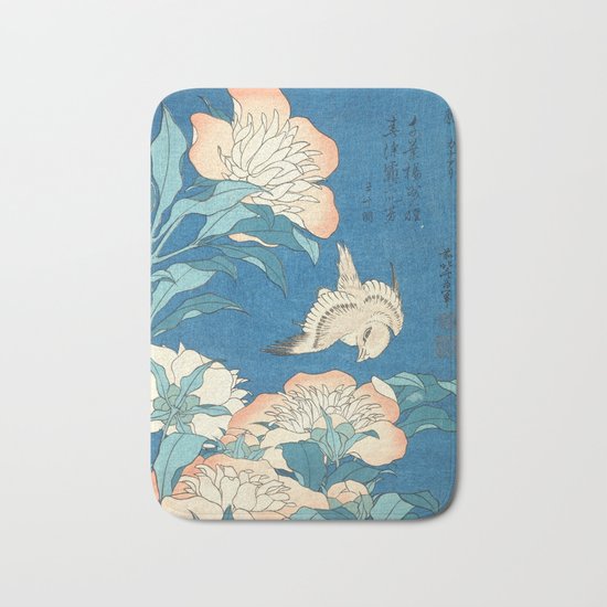 Japanese Flowers Turquoise Peach Bath Mat