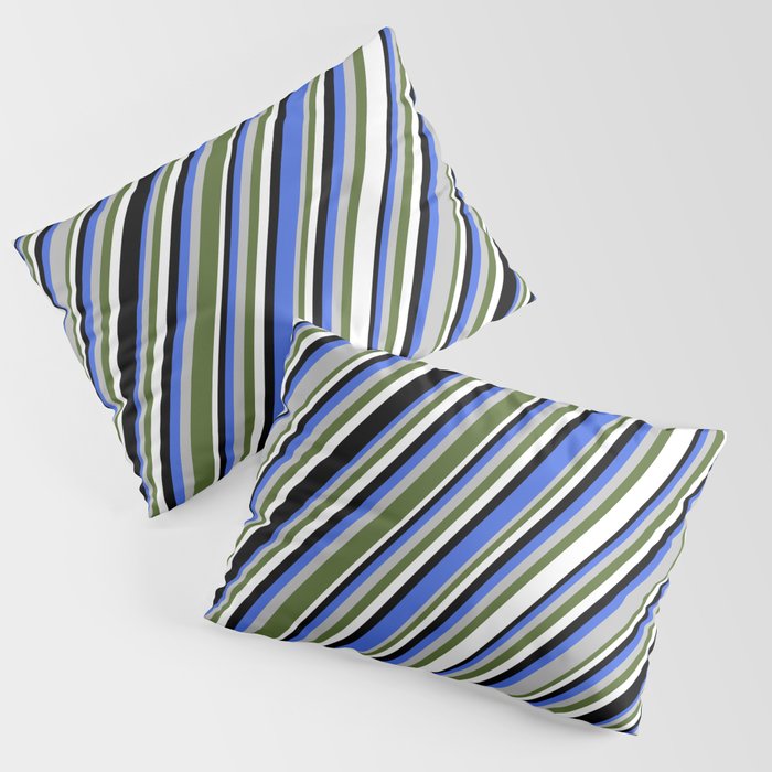 Eye-catching Royal Blue, Grey, Dark Olive Green, White & Black Colored Lines Pattern Pillow Sham