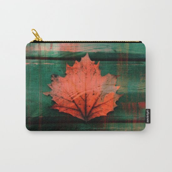 Rusty red dried fall leaf on wooden hunter green beams Carry-All Pouch