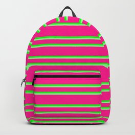 [ Thumbnail: Deep Pink, Lime & Green Colored Pattern of Stripes Backpack ]