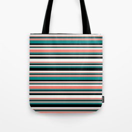 [ Thumbnail: Mint Cream, Salmon, Dark Cyan & Black Colored Lined/Striped Pattern Tote Bag ]