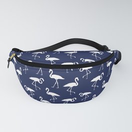 White flamingo silhouettes seamless pattern on navy blue background Fanny Pack