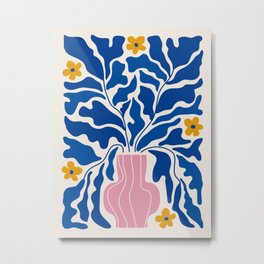 Summer Bloom: Electric Blue Leaves & Golden Poppies Metal Print | Leaf, Vase, Modern, Mid Century, Vintage, Market, Spring, Botanical, Leaves, Plants 