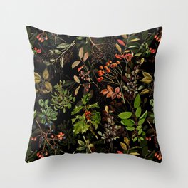 Vintage & Shabby Chic - vintage botanical wildflowers and berries on black Throw Pillow