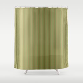 [ Thumbnail: Tan & Dark Olive Green Colored Striped Pattern Shower Curtain ]