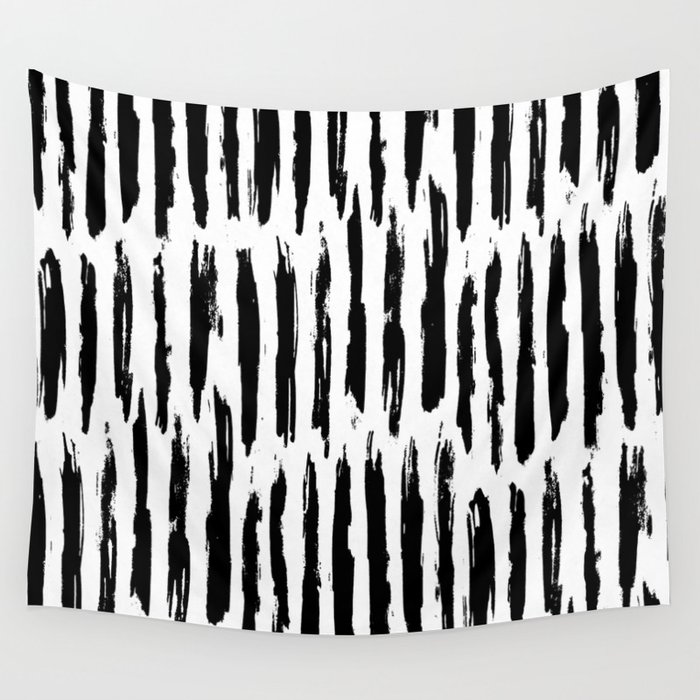 Vertical Dash Black And White Paint Stripes Wall Tapestry By