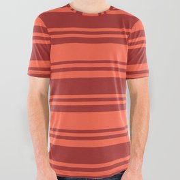 [ Thumbnail: Red and Brown Colored Striped Pattern All Over Graphic Tee ]