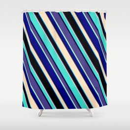 [ Thumbnail: Eye-catching Dark Slate Blue, Bisque, Turquoise, Blue, and Black Colored Lined/Striped Pattern Shower Curtain ]