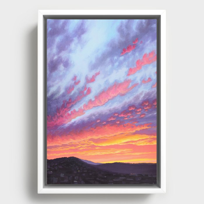 Vibrant Sunset Over City Hills Framed Canvas