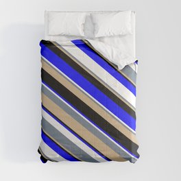 [ Thumbnail: Vibrant Slate Gray, Tan, Black, Blue, and White Colored Striped/Lined Pattern Comforter ]