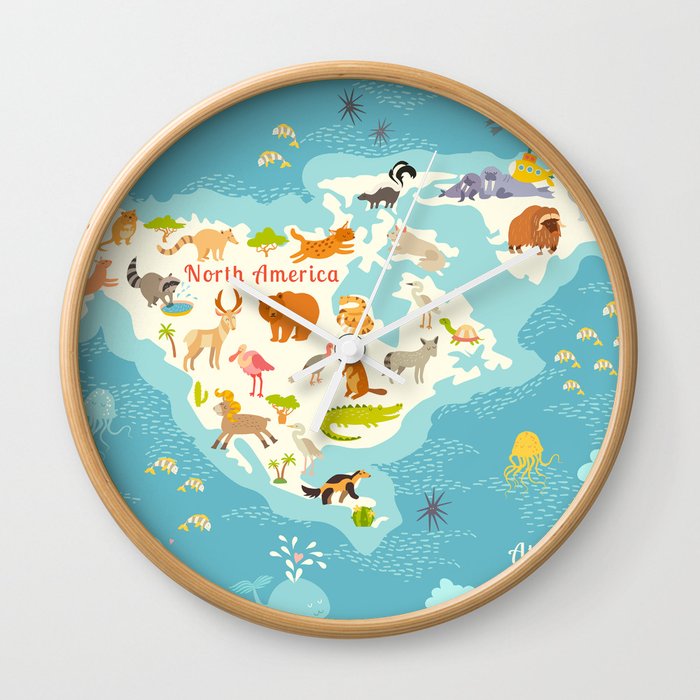 animals world map north america colorful cartoon vector illustration for children and kids presch wall clock by rimma world maps of north america