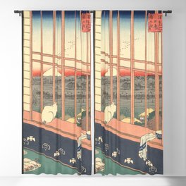 Cat sitting on a Wall with view of Mount Fuji by Hiroshige Funky Quirky Cute Cozy Maximalism Blackout Curtain