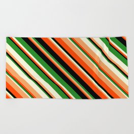 [ Thumbnail: Vibrant Forest Green, Beige, Brown, Red & Black Colored Lines Pattern Beach Towel ]