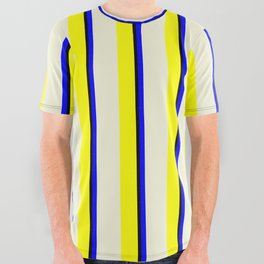 [ Thumbnail: Yellow, Beige, Blue, and Black Colored Lines Pattern All Over Graphic Tee ]