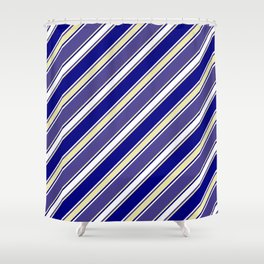 [ Thumbnail: Dark Slate Blue, Pale Goldenrod, Blue & White Colored Lines Pattern Shower Curtain ]