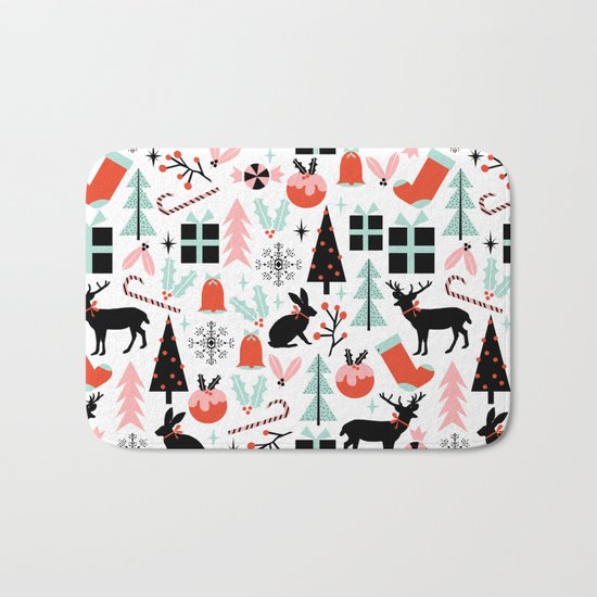 Christmas ornaments minimal holly reindeer candy cane christmas tree pattern print Bath Mat