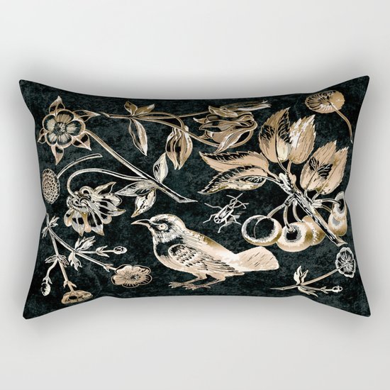 Golden set of birds, beetle, flowers and cherry fruit. Rectangular Pillow