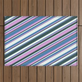 [ Thumbnail: Blue, Plum, Dark Slate Gray, and Mint Cream Colored Lined/Striped Pattern Outdoor Rug ]