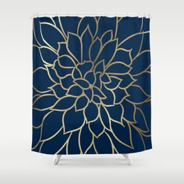 Floral Prints, Line Art, Navy Blue and Gold Shower Curtain
