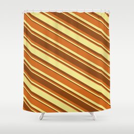 [ Thumbnail: Brown, Chocolate & Tan Colored Stripes/Lines Pattern Shower Curtain ]