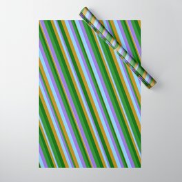 [ Thumbnail: Vibrant Purple, Light Sky Blue, Dark Goldenrod, Dark Green, and Forest Green Colored Lines Pattern Wrapping Paper ]