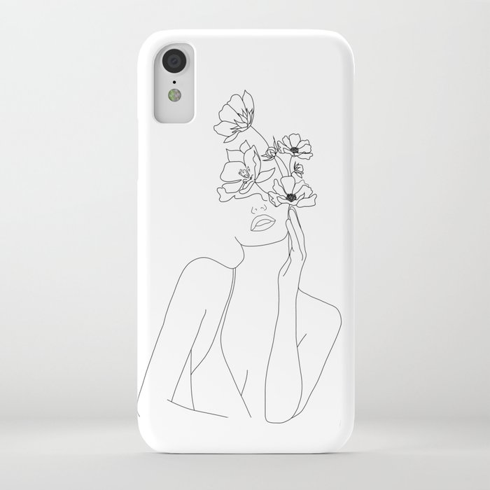 minimal line art woman with flowers iphone case