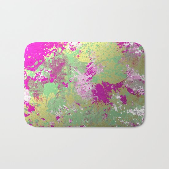 Metallic Pink Splatter Painting - Abstract pink, blue and gold metallic painting Bath Mat