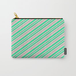 [ Thumbnail: Pink & Green Colored Lined Pattern Carry-All Pouch ]
