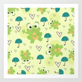 Cute Frogs And Rain Umbrellas Art Print