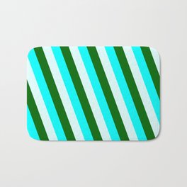 [ Thumbnail: Aqua, Light Cyan & Dark Green Colored Stripes Pattern Bath Mat ]