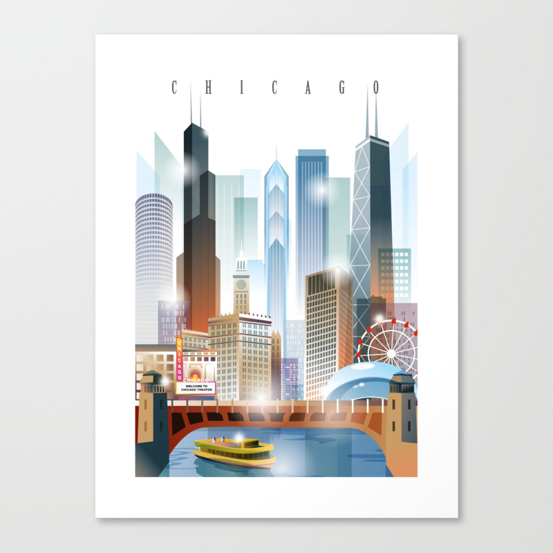 Chicago City Skyline Painting Canvas Print By Uniquedrawing Society6