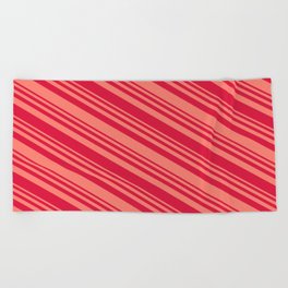 [ Thumbnail: Salmon & Crimson Colored Striped/Lined Pattern Beach Towel ]