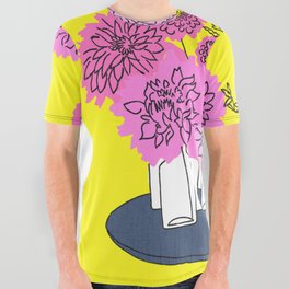 Mid-Century Modern Floral Bottle Bouquet Pink and Yellow All Over Graphic Tee