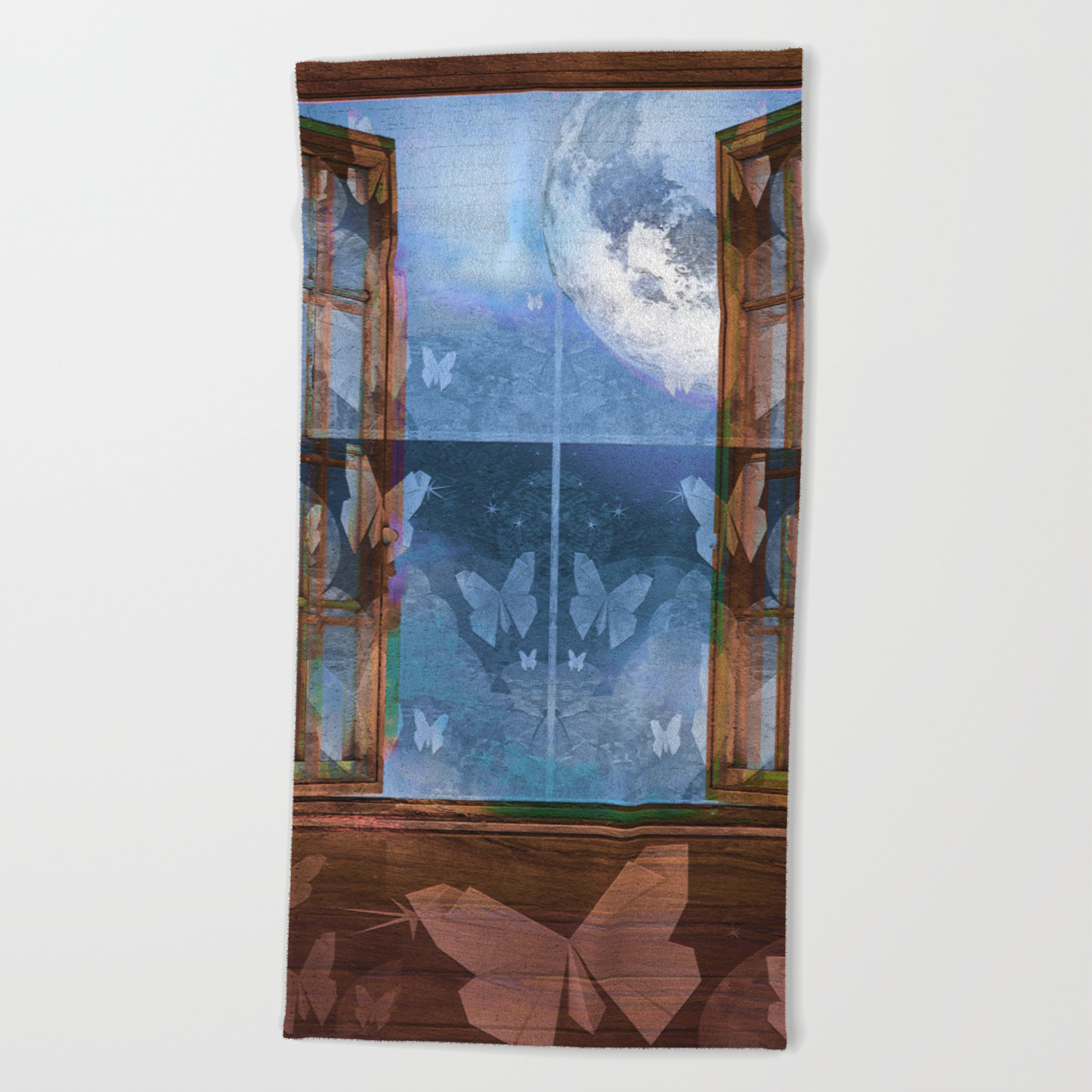 Night Sky Butterfly Moon Window Beach Towel By