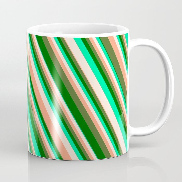 Vibrant Green, Beige, Light Salmon, Dark Olive Green & Dark Green Colored Striped/Lined Pattern Coffee Mug