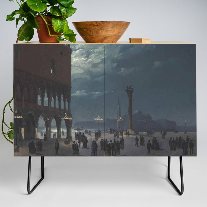 A View of the Piazzetta by Moonlight, Venice -   Ippolito Caffi Credenza