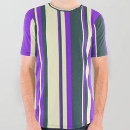 [ Thumbnail: Dark Slate Gray, Light Yellow, and Purple Colored Lines/Stripes Pattern All Over Graphic Tee ]