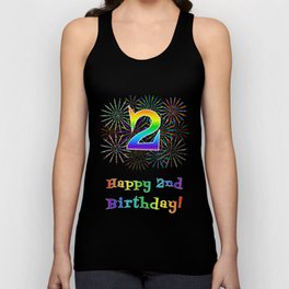[ Thumbnail: 2nd Birthday - Fun Rainbow Spectrum Gradient Pattern Text, Bursting Fireworks Inspired Background Tank Top ]
