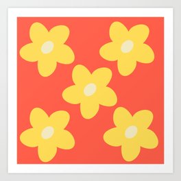 Large Retro Abstract Yellow Flowers on Orange Background Art Print