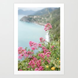 Pink Flowers along the Blue Mediterranean Coast in Cinque Terre, Italy Travel Art Print
