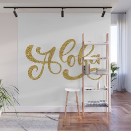 Hawaiian symbol / Aloha hand lettering / Gold glitter on white Wall Mural