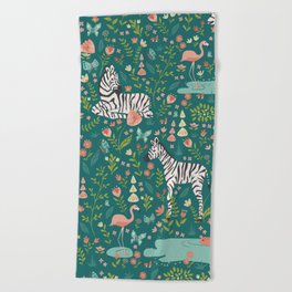 Wild Zebras in Green Garden Beach Towel