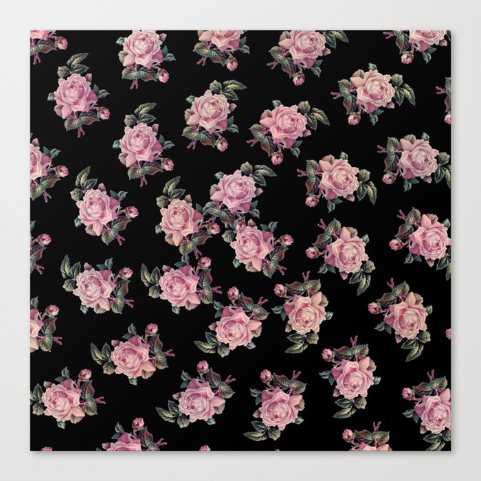 Pink Roses Dark Floral Pattern Canvas Print