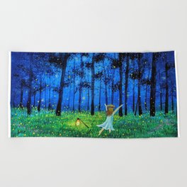 Fireflies in forest and a little girl Beach Towel