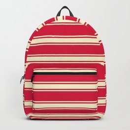 [ Thumbnail: Crimson and Light Yellow Colored Striped Pattern Backpack ]