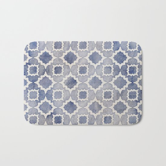 Worn & Faded Navy Denim Moroccan Pattern in grey blue & white Bath Mat