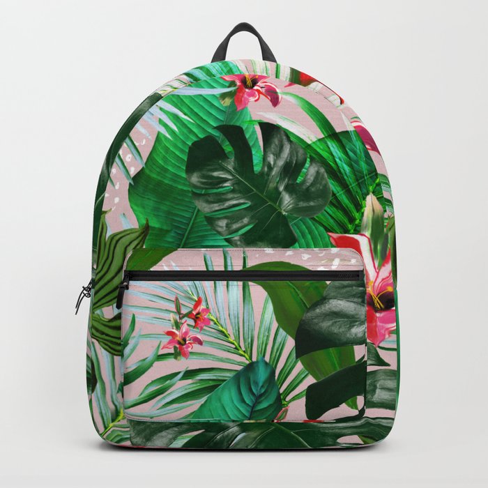 Tropical palm leaf with red flowers Backpack
